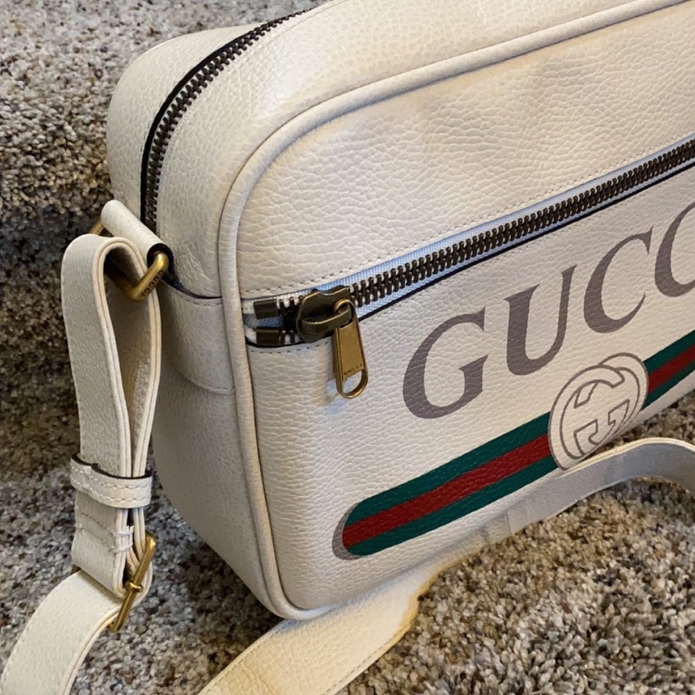 GUCCI white web stripe printed logo large leather messenger bag - Picture 4 of 11